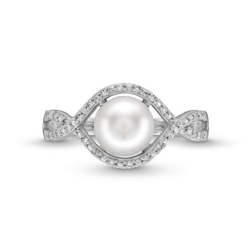 Main Image 4 of 7.0mm Button Freshwater Cultured Pearl and 1/10 CT. T.W. Diamond Infinity Twist Shank Ring in 10K White Gold
