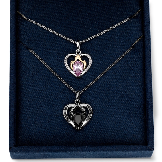 Enchanted Disney Pear-Shaped Onyx and Pink Lab-Created Sapphire with Diamond Two Piece Heart Pendant Set in Silver