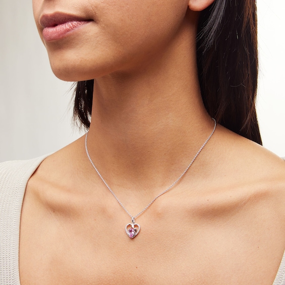 Enchanted Disney Pear-Shaped Onyx and Pink Lab-Created Sapphire with Diamond Two Piece Heart Pendant Set in Silver