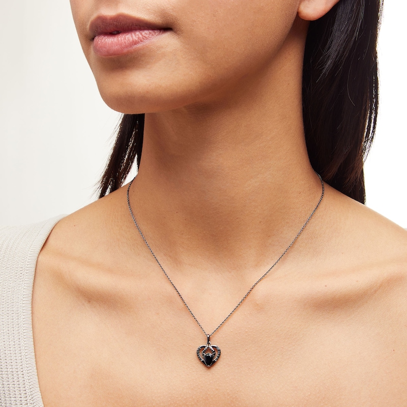 Enchanted Disney Pear-Shaped Onyx and Pink Lab-Created Sapphire with Diamond Two Piece Heart Pendant Set in Silver