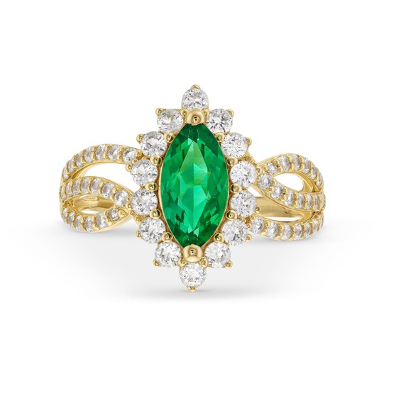 Lab-Created Emerald and White Lab-Created Sapphire Pendant, Ring and Earrings Set in Sterling Silver with Gold Plate