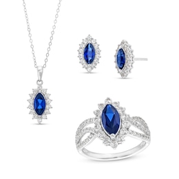 Marquise-Cut Blue and White Lab-Created Sapphire Frame Pendant, Ring and Stud Earrings Set in Sterling Silver - Size 7