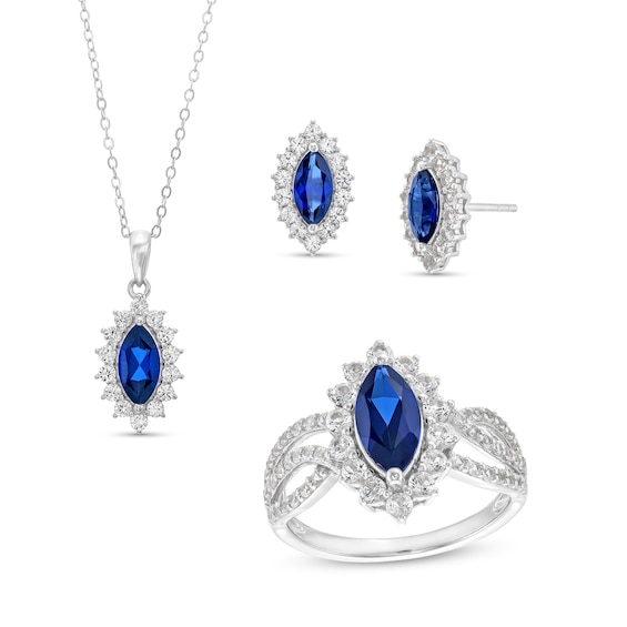 Marquise-Cut Blue and White Lab-Created Sapphire Frame Pendant, Ring and Stud Earrings Set in Sterling Silver - Size 7