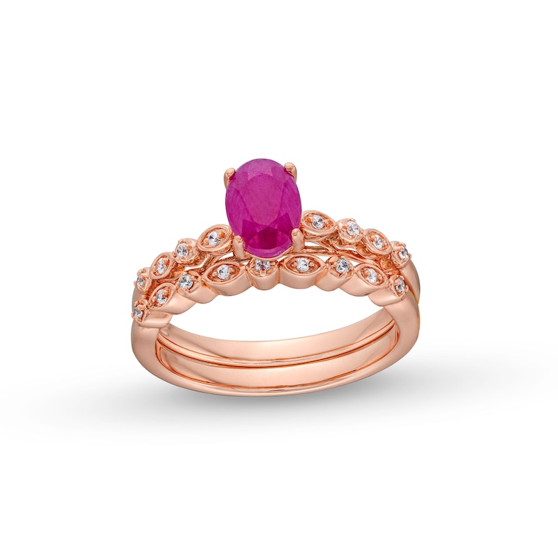 Main Image 1 of Oval Certified Ruby and 1/10 CT. T.W. Diamond Art Deco Double Row Engagement Ring in 10K Rose Gold