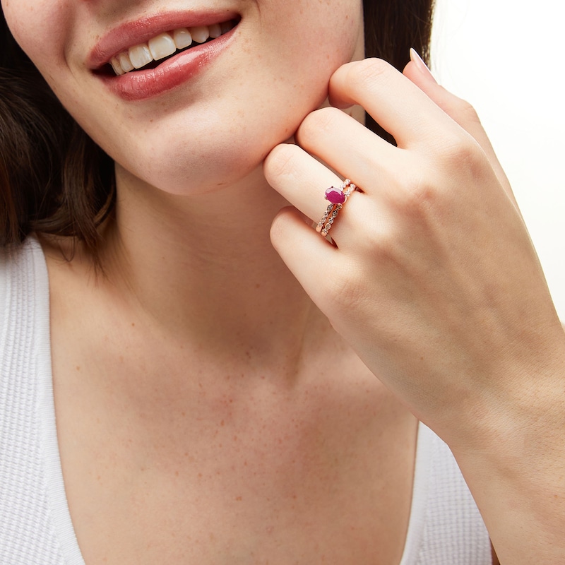 Main Image 2 of Oval Certified Ruby and 1/10 CT. T.W. Diamond Art Deco Double Row Engagement Ring in 10K Rose Gold