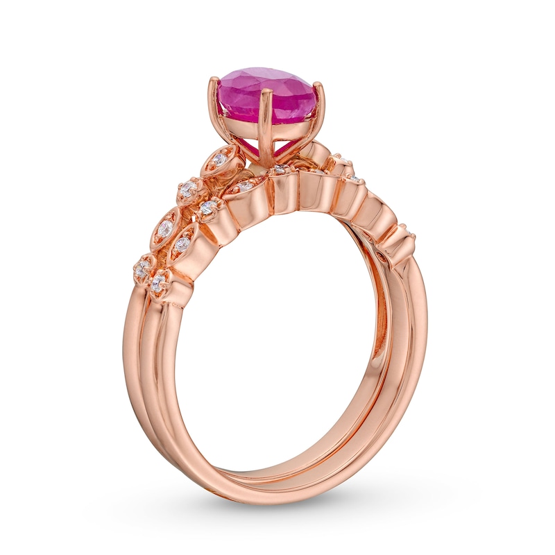 Main Image 3 of Oval Certified Ruby and 1/10 CT. T.W. Diamond Art Deco Double Row Engagement Ring in 10K Rose Gold