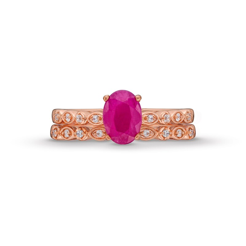 Main Image 4 of Oval Certified Ruby and 1/10 CT. T.W. Diamond Art Deco Double Row Engagement Ring in 10K Rose Gold