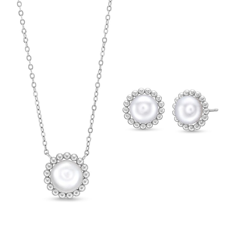 Main Image 1 of Button Freshwater Cultured Pearl Solitaire Beaded Frame Necklace and Stud Earrings Set in Sterling Silver-20"