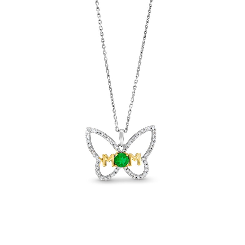 Main Image 1 of Lab-Created Emerald and White Lab-Created Sapphire "MOM" Butterfly Pendant in Sterling Silver and 14K Gold Plate