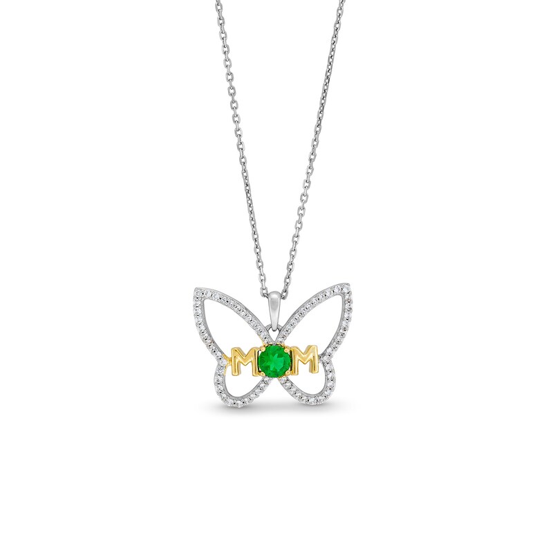 Lab-Created Emerald and White Lab-Created Sapphire "MOM" Butterfly Pendant in Sterling Silver and 14K Gold Plate