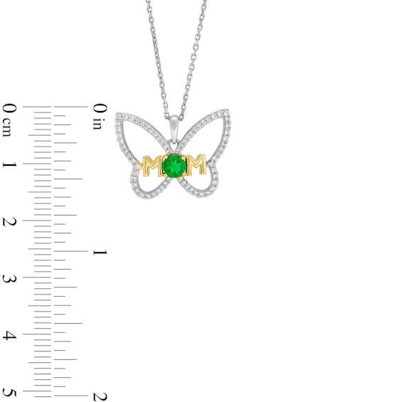 Lab-Created Emerald and White Lab-Created Sapphire Mom Butterfly Pendant in Sterling Silver and 14K Gold Plate