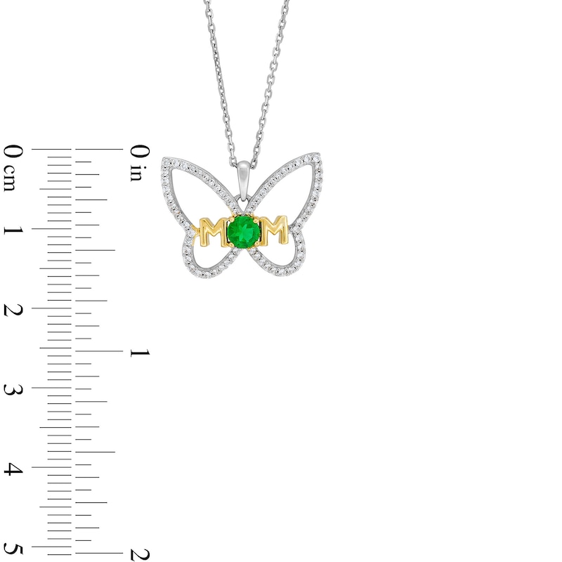 Main Image 3 of Lab-Created Emerald and White Lab-Created Sapphire "MOM" Butterfly Pendant in Sterling Silver and 14K Gold Plate