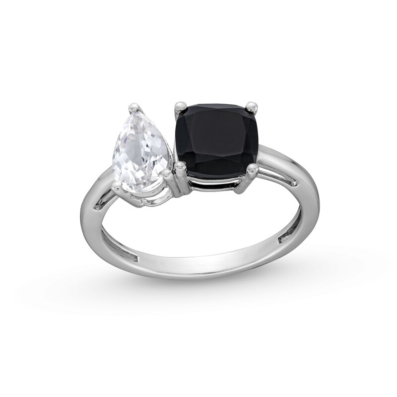 Main Image 1 of Cushion-Cut Black Onyx and Pear-Shaped White Lab-Created Sapphire Toi et Moi Ring in Sterling Silver