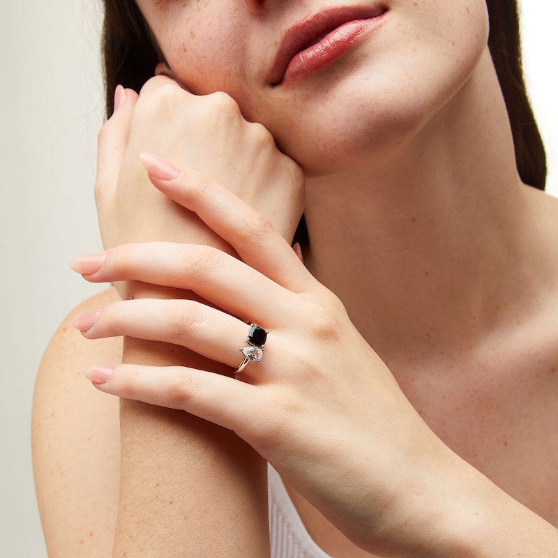 Cushion-Cut Black Onyx and Pear-Shaped White Lab-Created Sapphire Toi et Moi Ring in Sterling Silver