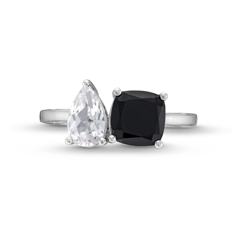 Main Image 4 of Cushion-Cut Black Onyx and Pear-Shaped White Lab-Created Sapphire Toi et Moi Ring in Sterling Silver
