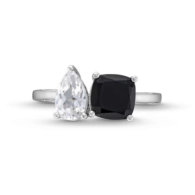 Cushion-Cut Black Onyx and Pear-Shaped White Lab-Created Sapphire Toi et Moi Ring in Sterling Silver