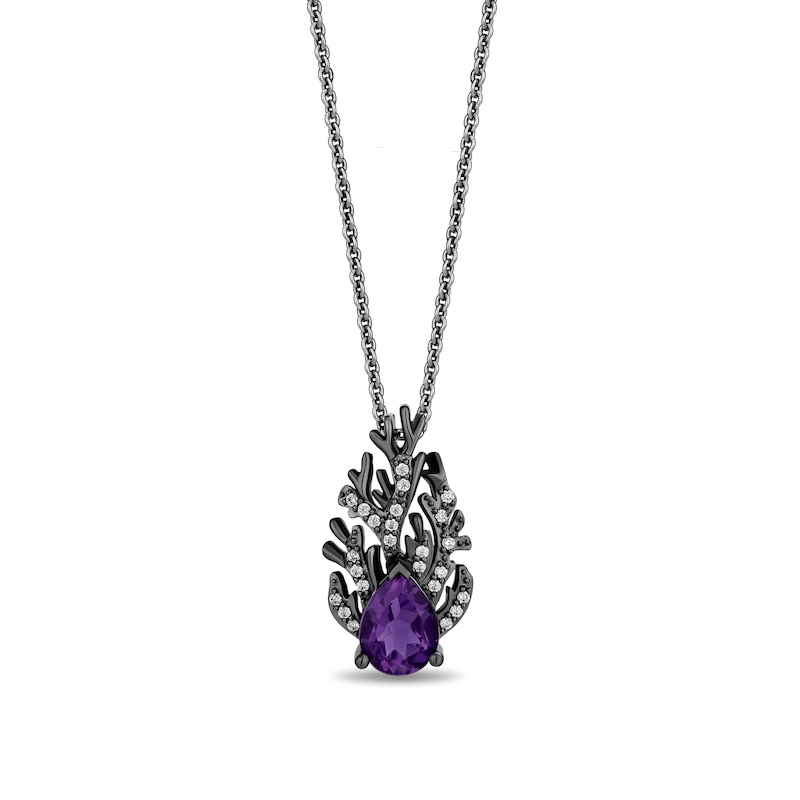Main Image 1 of Enchanted Disney Villains Ursula Pear-Shaped Amethyst and 1/8 CT. T.W. Diamond Coral Pendant in Sterling Silver - 19”