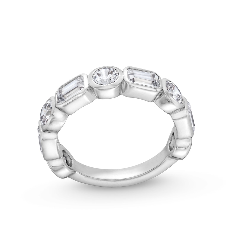 Main Image 1 of 2-5/8 CT. T.W. Emerald-Cut and Round Certified Lab-Grown Diamond Bezel-Set Anniversary Band in 14K White Gold (F/VS2)