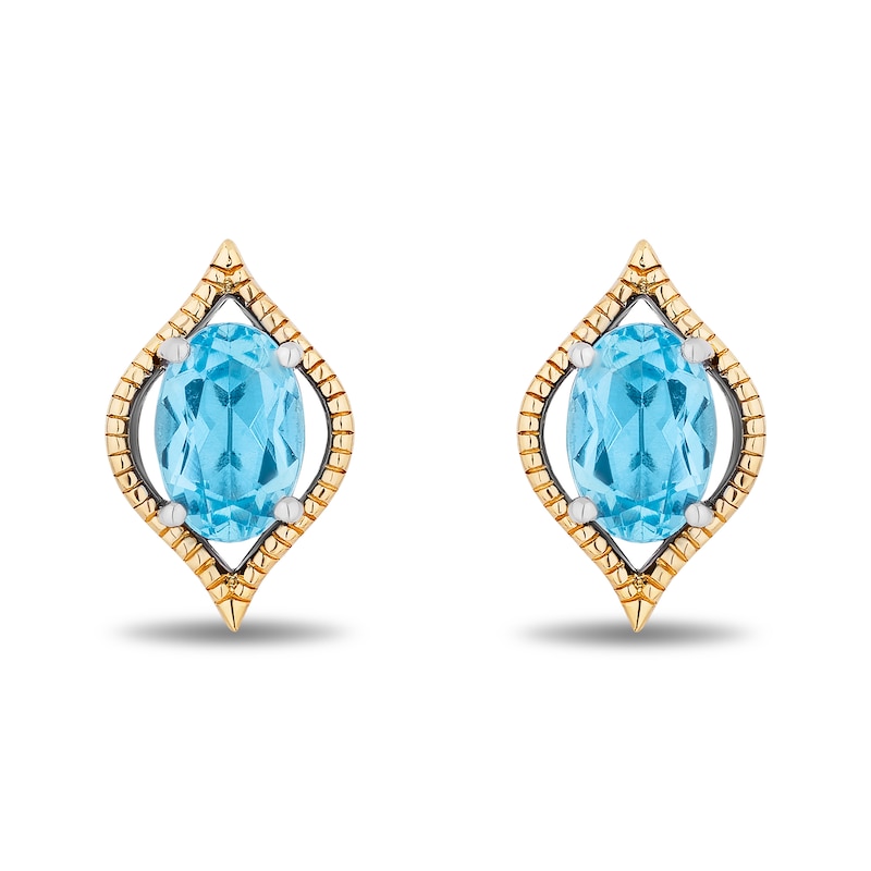 Enchanted Disney Jasmine Oval Swiss Blue Topaz Solitaire Marquise Frame Stud Earrings in Sterling Silver and 10K Gold