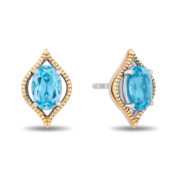 Enchanted Disney Jasmine Oval Swiss Blue Topaz Solitaire Marquise Frame Stud Earrings in Sterling Silver and 10K Gold