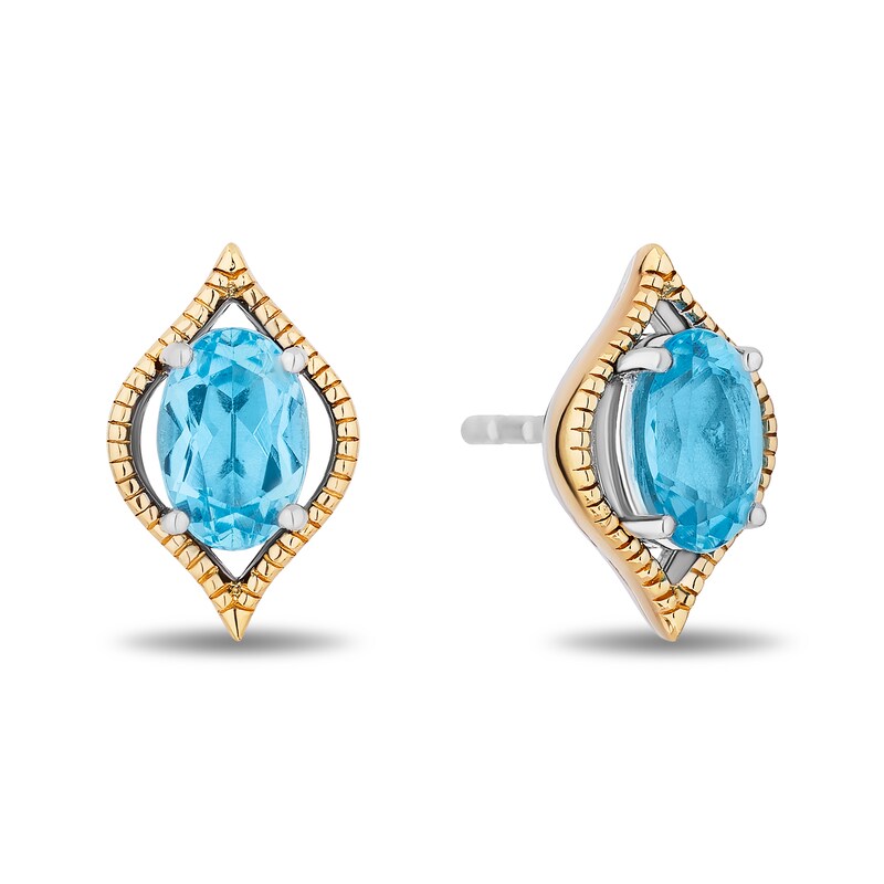 Enchanted Disney Jasmine Oval Swiss Blue Topaz Solitaire Marquise Frame Stud Earrings in Sterling Silver and 10K Gold