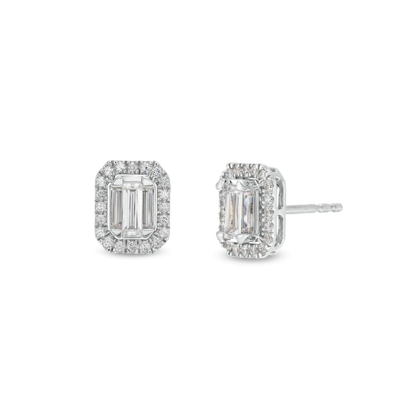 1/2 CT. T.w. Emerald-Shaped Certified Lab-Grown Multi-Diamond Frame Stud Earrings in 14K White Gold (F/Si2)