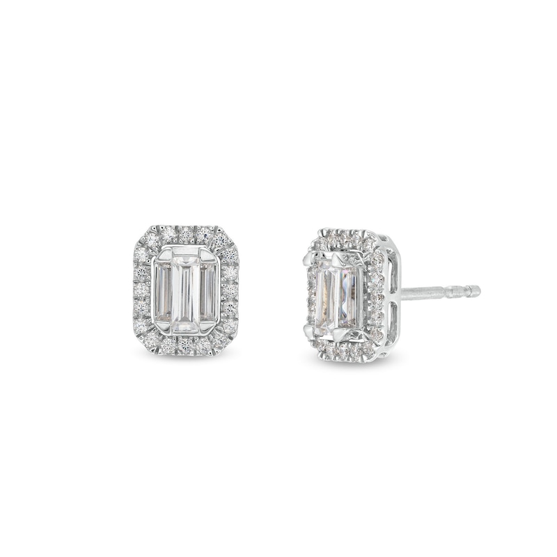 Main Image 1 of 1/2 CT. T.W. Emerald-Shaped  Lab-Grown Multi-Diamond Frame Stud Earrings in 14K White Gold (F/SI2)