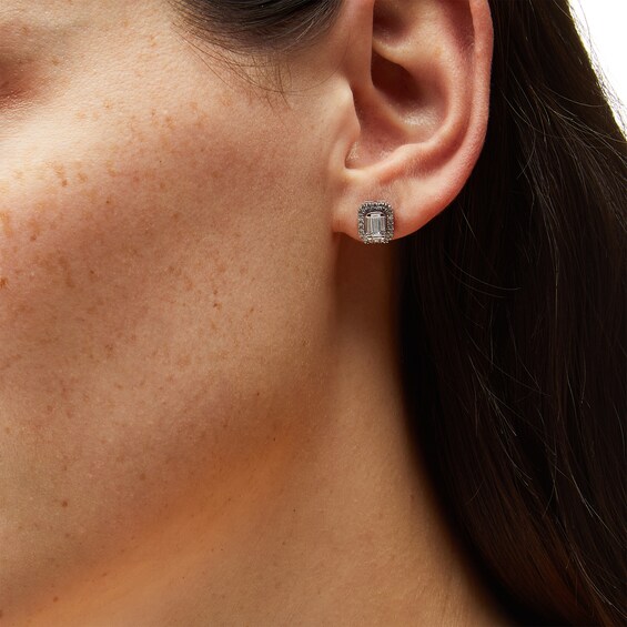 1/2 CT. T.w. Emerald-Shaped Certified Lab-Grown Multi-Diamond Frame Stud Earrings in 14K White Gold (F/Si2)