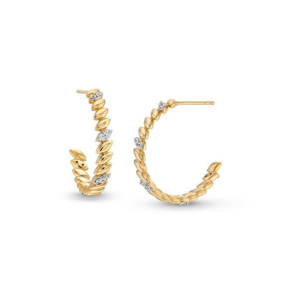 1/4 CT. T.w. Diamond Duos and Rice Bead Alternating Open Hoop Earrings in 10K Gold