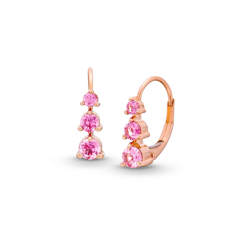 Main Image 1 of Pink Lab-Created Sapphire Graduated Three Stone Hoop Earrings in 10K Rose Gold
