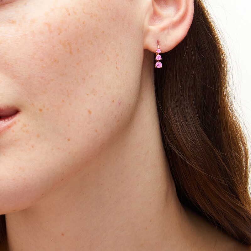 Main Image 2 of Pink Lab-Created Sapphire Graduated Three Stone Hoop Earrings in 10K Rose Gold