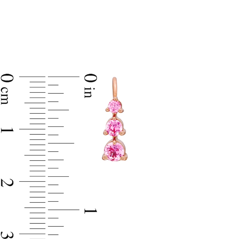 Main Image 3 of Pink Lab-Created Sapphire Graduated Three Stone Hoop Earrings in 10K Rose Gold
