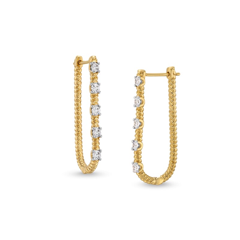 Main Image 1 of 1/2 CT. T.W. Diamond Station Rope-Textured U-Hoop Earrings in 10K Gold