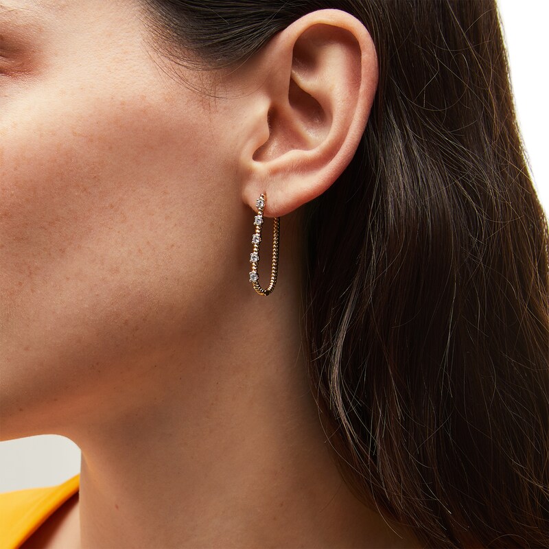 Main Image 2 of 1/2 CT. T.W. Diamond Station Rope-Textured U-Hoop Earrings in 10K Gold