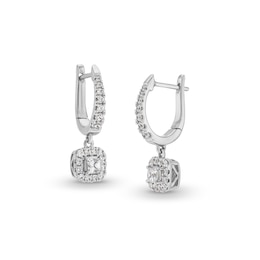 3/4 CT. T.W. Princess-Cut Diamond Cushion-Shaped Frame Dangle Hoop Earrings in 10K White Gold