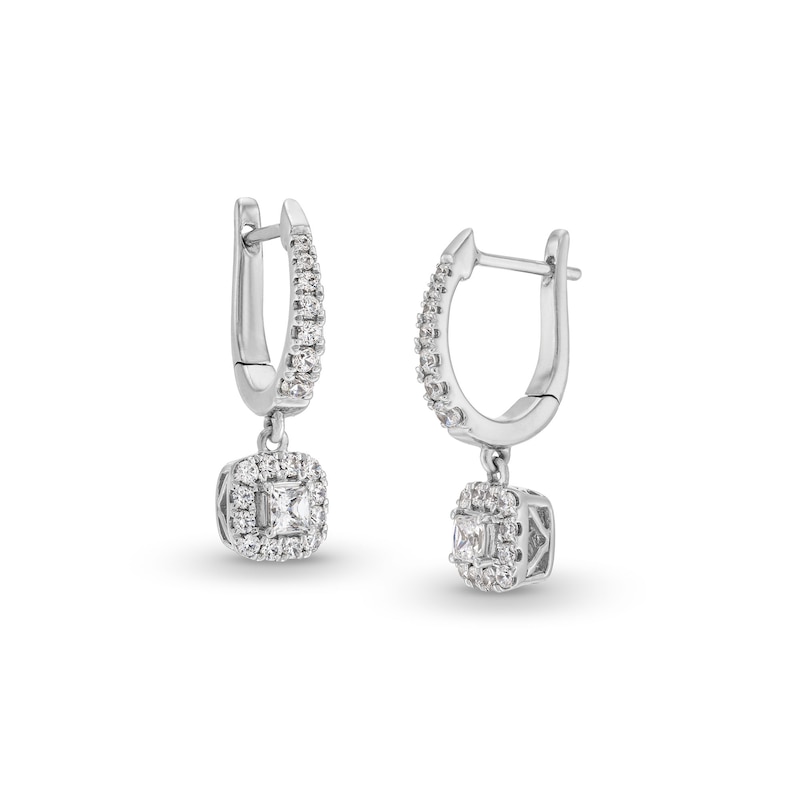 Main Image 1 of 3/4 CT. T.W. Princess-Cut Diamond Cushion-Shaped Frame Dangle Hoop Earrings in 10K White Gold