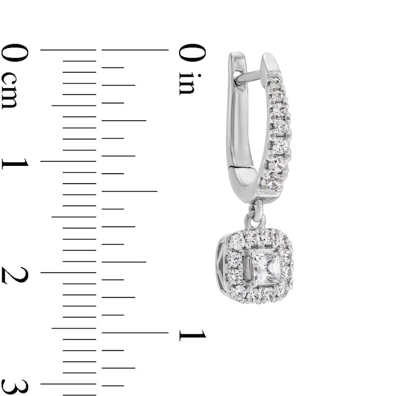 Main Image 3 of 3/4 CT. T.W. Princess-Cut Diamond Cushion-Shaped Frame Dangle Hoop Earrings in 10K White Gold