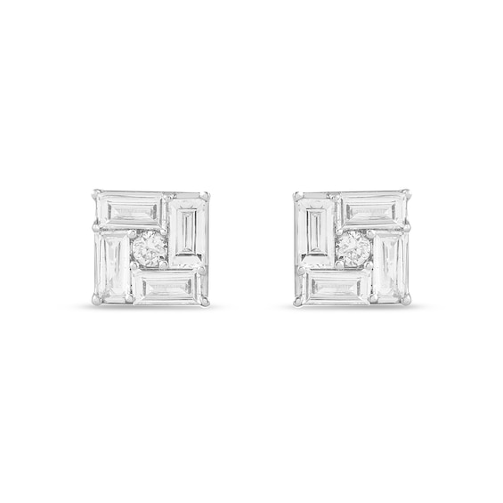 1/3 CT. T.w. Baguette and Round Certified Lab-Grown Multi-Diamond Square Stud Earrings in 14K White Gold (F/Si2)