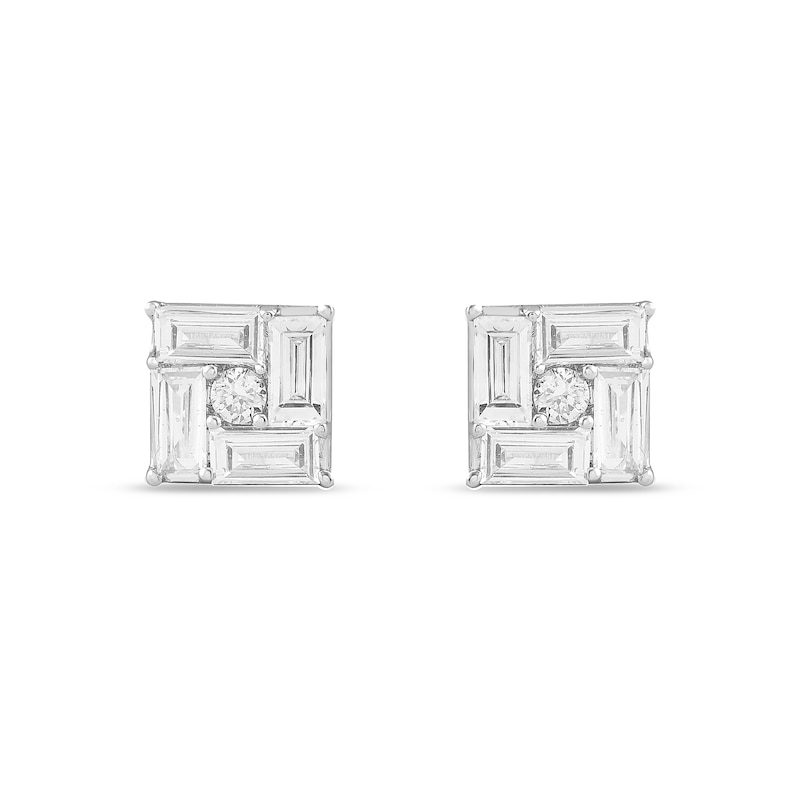 1/3 CT. T.W. Baguette and Round Certified Lab-Created Multi-Diamond Square Stud Earrings in 14K White Gold (F/SI2)