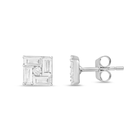 1/3 CT. T.w. Baguette and Round Certified Lab-Grown Multi-Diamond Square Stud Earrings in 14K White Gold (F/Si2)