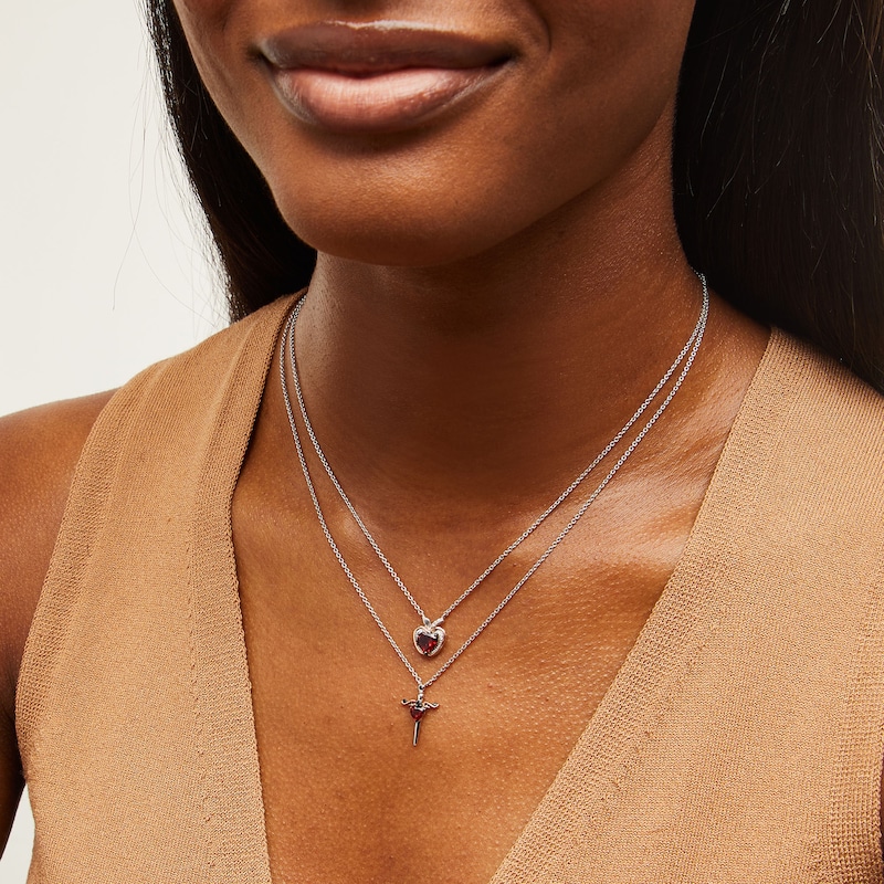 Main Image 2 of Enchanted Disney Heart-Shaped Garnet and Diamond Apple and Dagger Two Piece Pendant Set in Sterling Silver - 19”