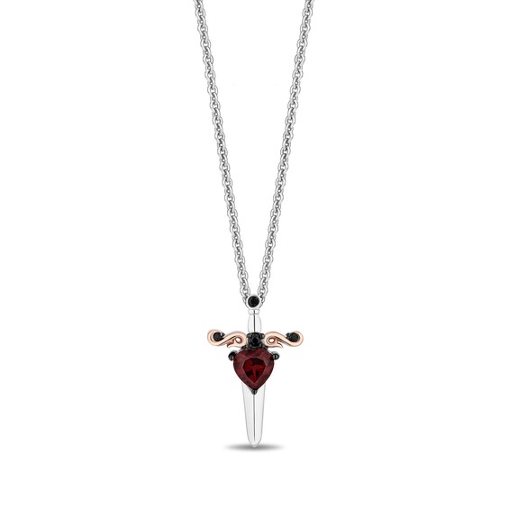 Enchanted Disney Heart-Shaped Garnet and Diamond Apple and Dagger Two Piece Pendant Set in Sterling Silver - 19”