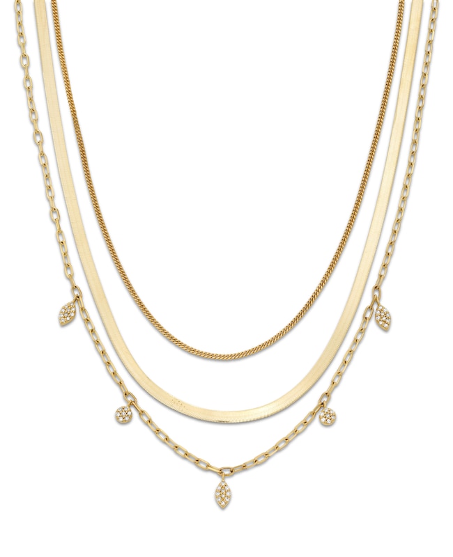 Main Image 1 of 1/6 CT. T.W. Multi-Diamond Dangle Triple Strand Chain Necklace in 10K Gold - 17”