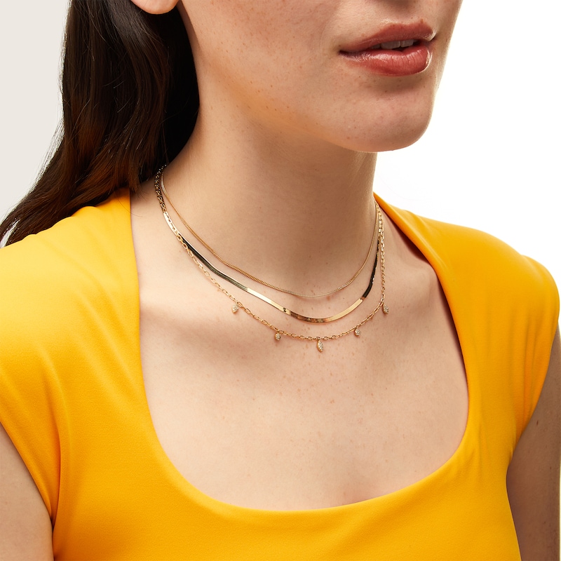 Main Image 2 of 1/6 CT. T.W. Multi-Diamond Dangle Triple Strand Chain Necklace in 10K Gold - 17”