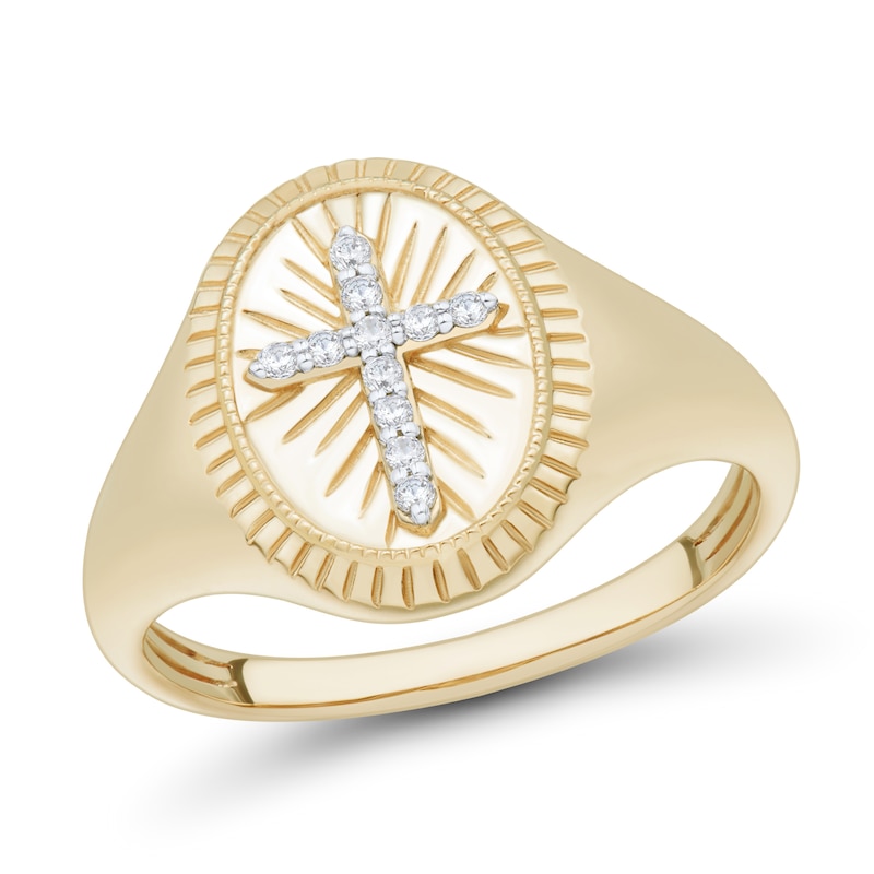 Main Image 1 of 1/20 CT. T.W. Diamond Cross Vintage-Style Signet Ring in 10K Gold
