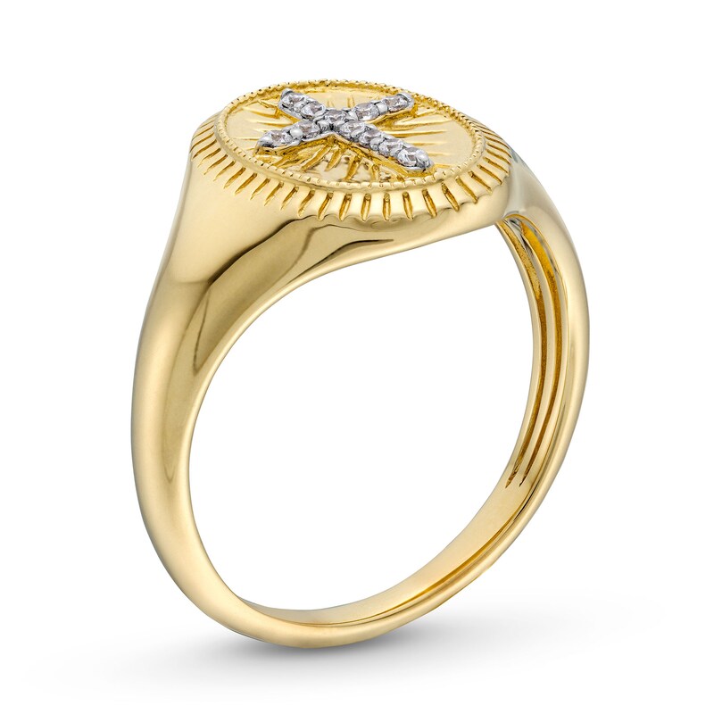 Main Image 3 of 1/20 CT. T.W. Diamond Cross Vintage-Style Signet Ring in 10K Gold