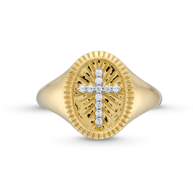 1/20 CT. T.W. Diamond Cross Vintage-Style Signet Ring in 10K Gold