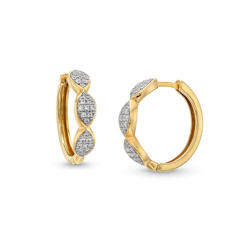 Main Image 1 of 1/4 CT. T.W. Marquise Multi-Diamond Three Stone Hoop Earrings in 10K Gold