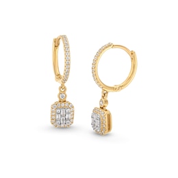 1/2 CT. T.W. Emerald-Shaped Multi-Diamond Frame Drop Huggie Hoop Earrings in 10K Gold