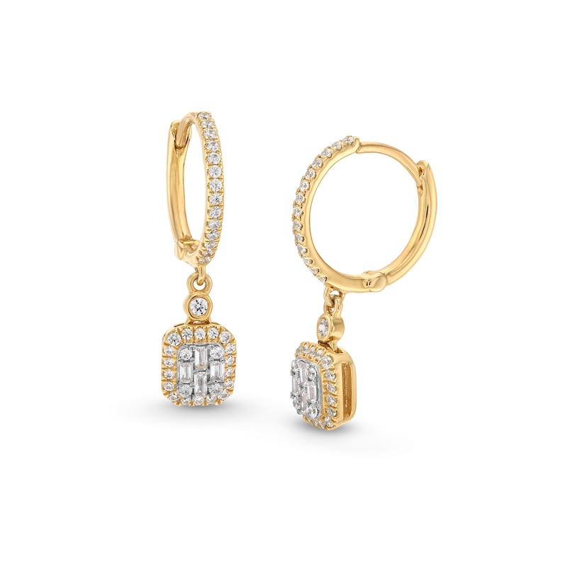 Main Image 1 of 1/2 CT. T.W. Emerald-Shaped Multi-Diamond Frame Drop Huggie Hoop Earrings in 10K Gold